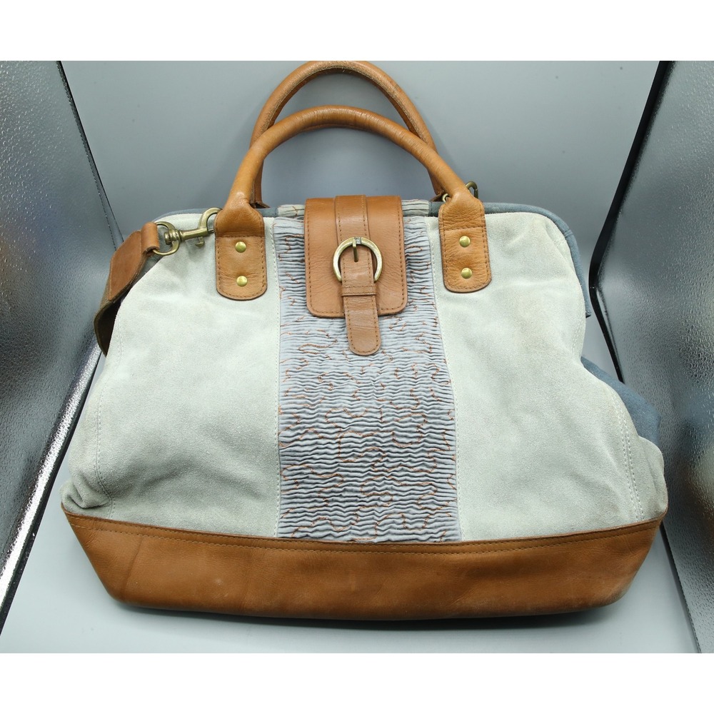 MO&CO. Mixed Media Suede Canvas Satchel Bag Cognac Leather Trim Blue Gray